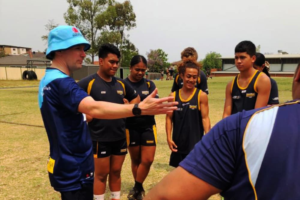 NSWRU Referee Education Coordinator Alex Richards running through the fundamentals of officiating at Westfields Sports High.