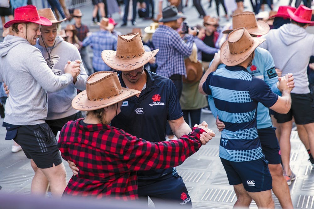 The NSW Waratahs supporting the Dance for the Drought at Martin Place. Photo: ©PHOTOGRAPHEDWITHLOVE